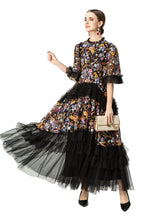 Colorful Floral Embroidered Ruffled Tulle Midi Dress SP10038