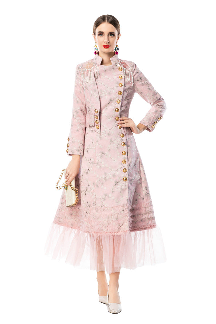 Pink Jacquard Qipao Style Dress with Fringe Shoulder Details & Tulle Hem SP10111