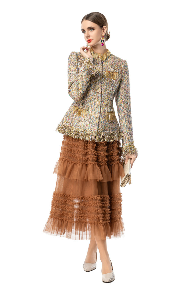 Women's Tweed 2-Piece Set, Gold Fringe Trim Tweed Jacket + Brown Tiered Tulle Maxi Skirt SP10107