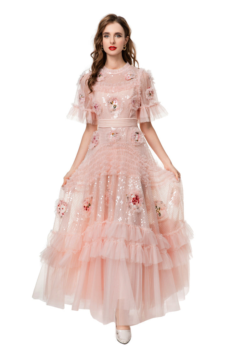 Pink Sequin 3D Floral Ruffled Tulle Maxi Princess Dress SP10023