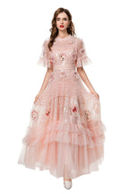Pink Sequin 3D Floral Ruffled Tulle Maxi Princess Dress SP10023