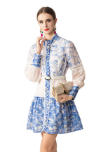 Blue White Porcelain Print Lace Cutout Shirt Dress with Belt SP10065