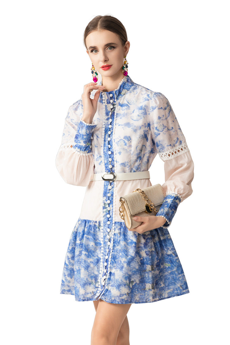 Blue White Porcelain Print Lace Cutout Shirt Dress with Belt SP10065
