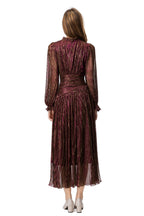 Burgundy Metallic Thread Ruched Waist Maxi Dress with Beaded Neckline SP10001