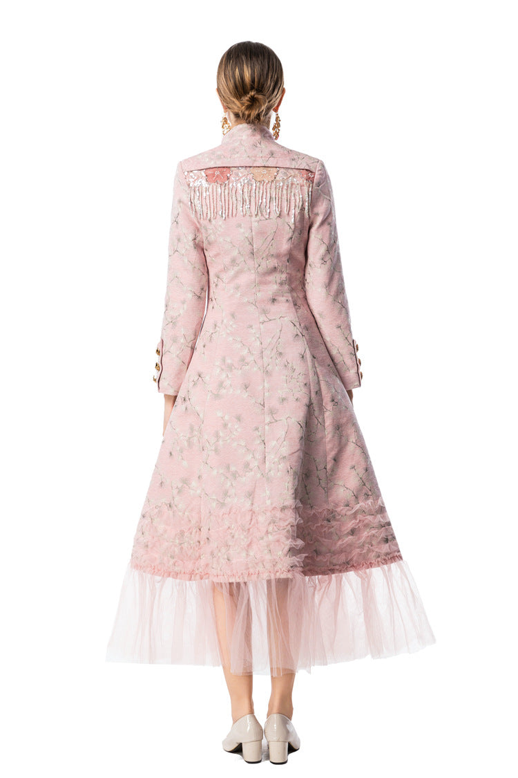 Pink Jacquard Qipao Style Dress with Fringe Shoulder Details & Tulle Hem SP10111