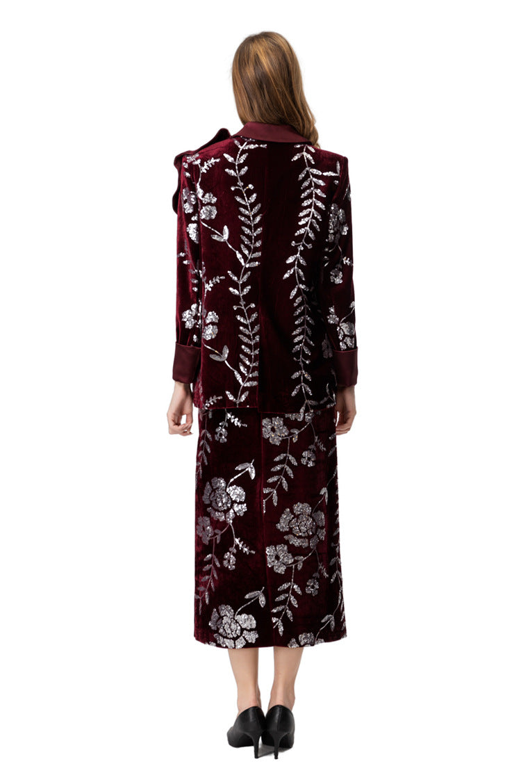 Burgundy Velvet Sequin Floral Blazer & Pencil Skirt Set SP10020