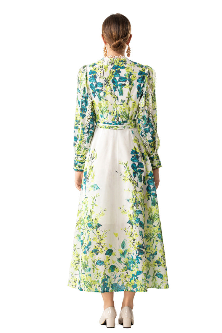 Green Floral Print Lace Trim Button Front Slit Maxi Dress SP10066