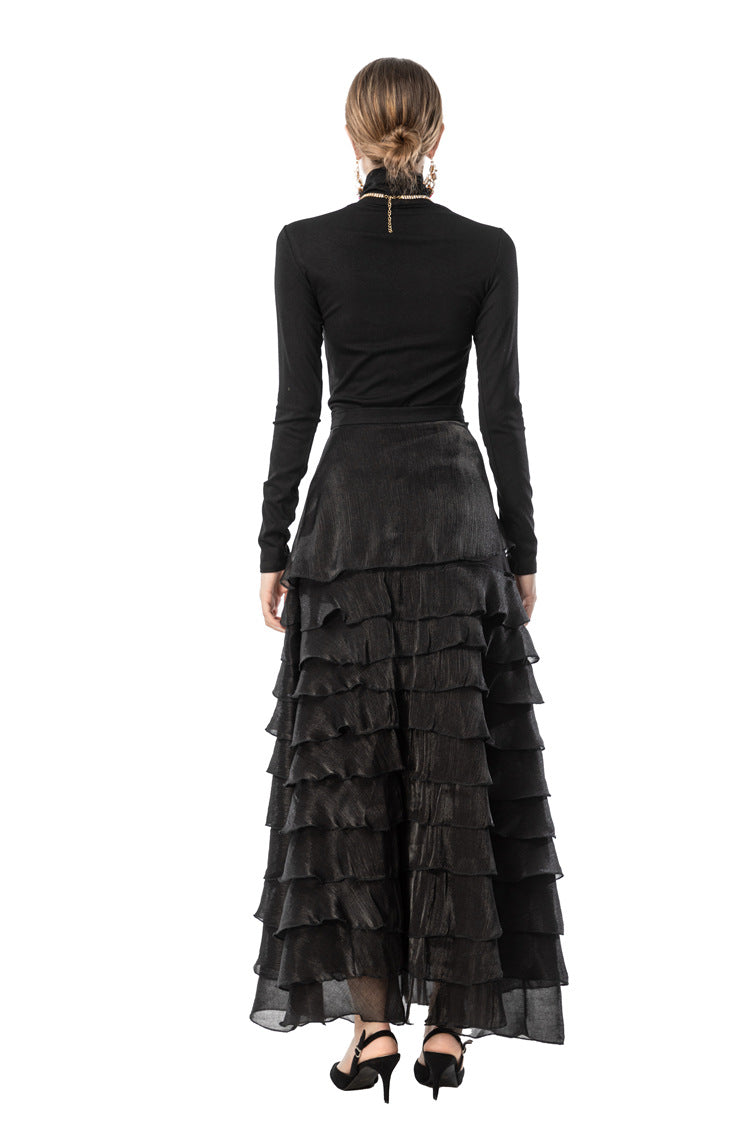 Black 2-Piece Ruffle Tiered Maxi Dress with Ruffle Neck Top SP10105