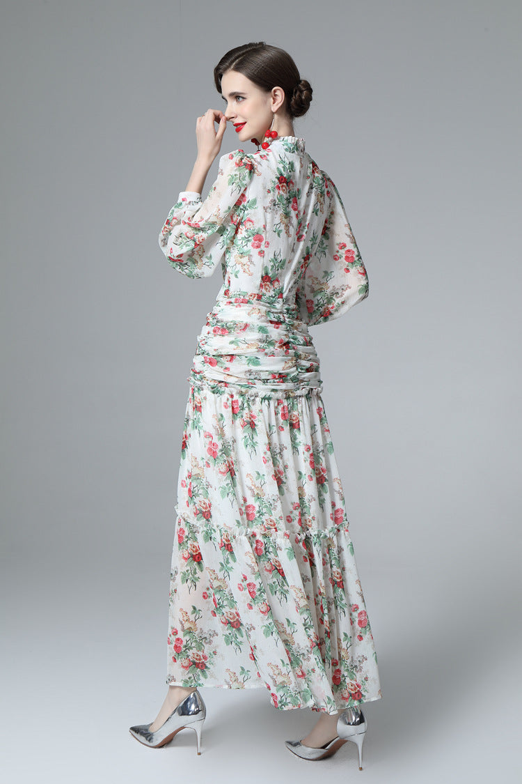 Floral Print Ruched Waist Tiered Chiffon Maxi Dress SP10032