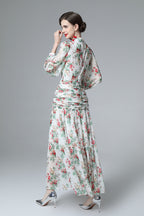 Floral Print Ruched Waist Tiered Chiffon Maxi Dress SP10032