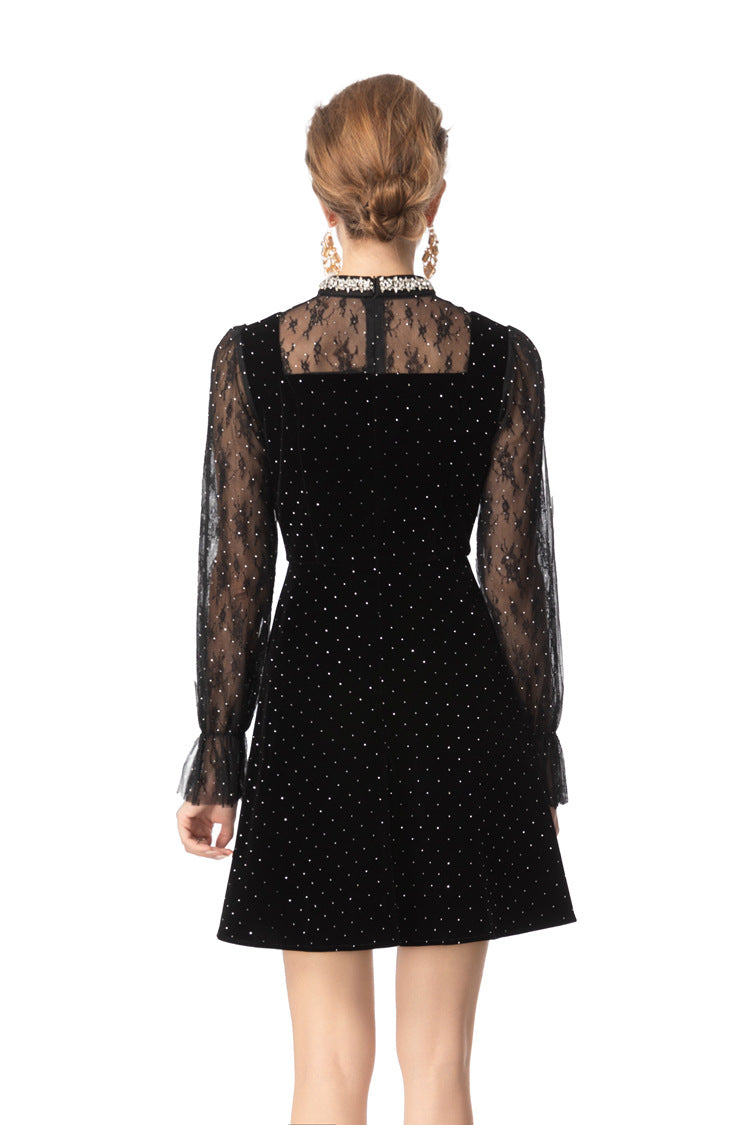 Black Velvet Mini Dress with Rhinestone Collar & Sheer Mesh Polka Dot Sleeves SP10110