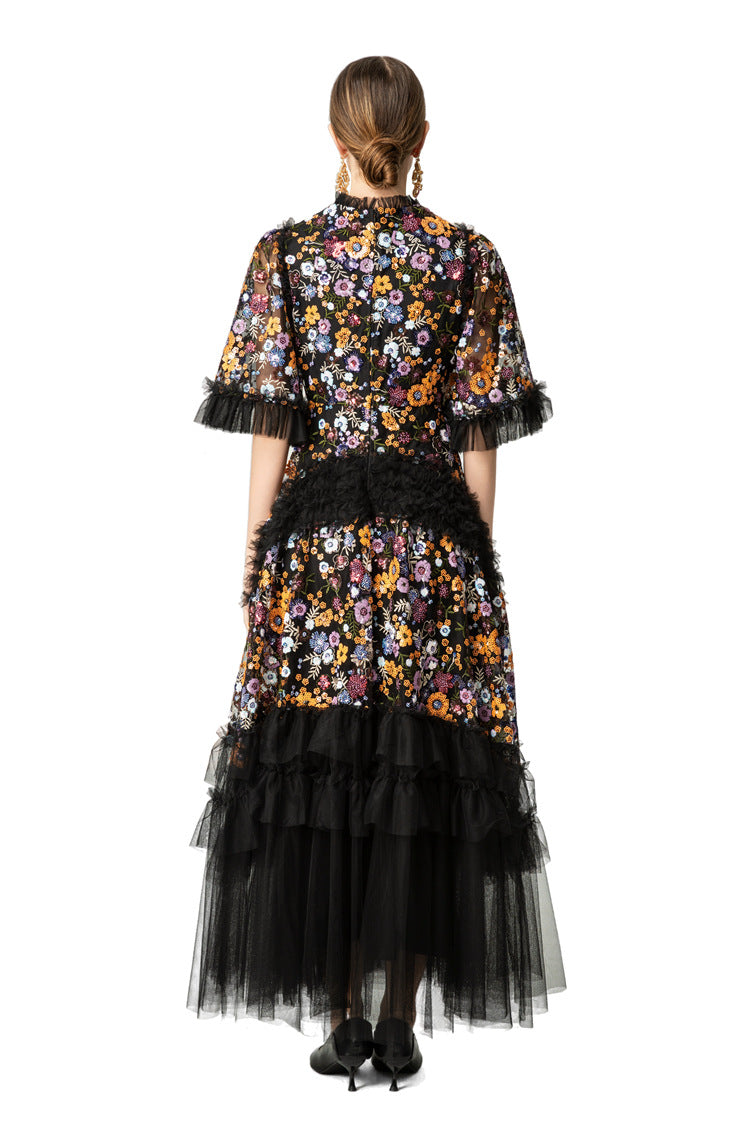 Colorful Floral Embroidered Ruffled Tulle Midi Dress SP10038