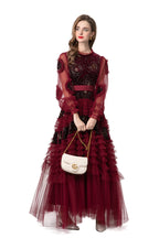 Burgundy Velvet Beaded Tulle Ruffled Sleeve Maxi Dress – French Luxury SP10006