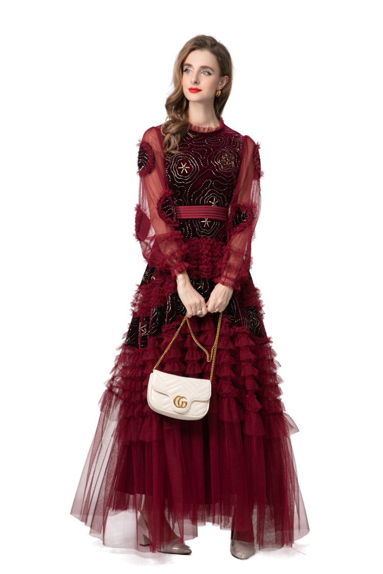 Burgundy Velvet Beaded Tulle Ruffled Sleeve Maxi Dress – French Luxury SP10006