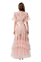 Pink Sequin 3D Floral Ruffled Tulle Maxi Princess Dress SP10023