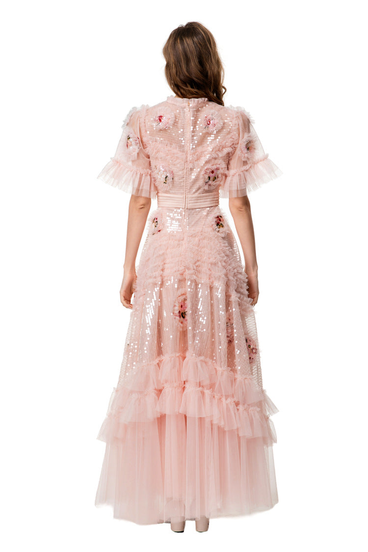 Pink Sequin 3D Floral Ruffled Tulle Maxi Princess Dress SP10023