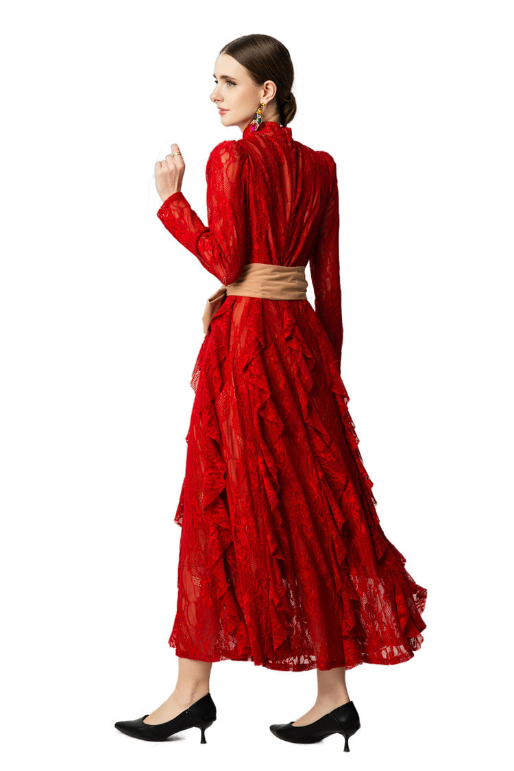 High Neck Lace Ruffle Hem Maxi Dress with Detachable Belt SP10045