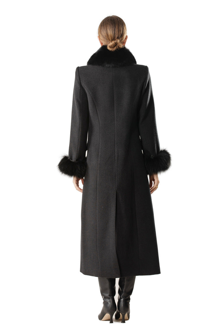 Fur Trim Double-Breasted Maxi Wool Coat Dress SP10078