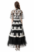 Black & White 3D Floral Embroidered Tiered Tulle Maxi Dress SP10028