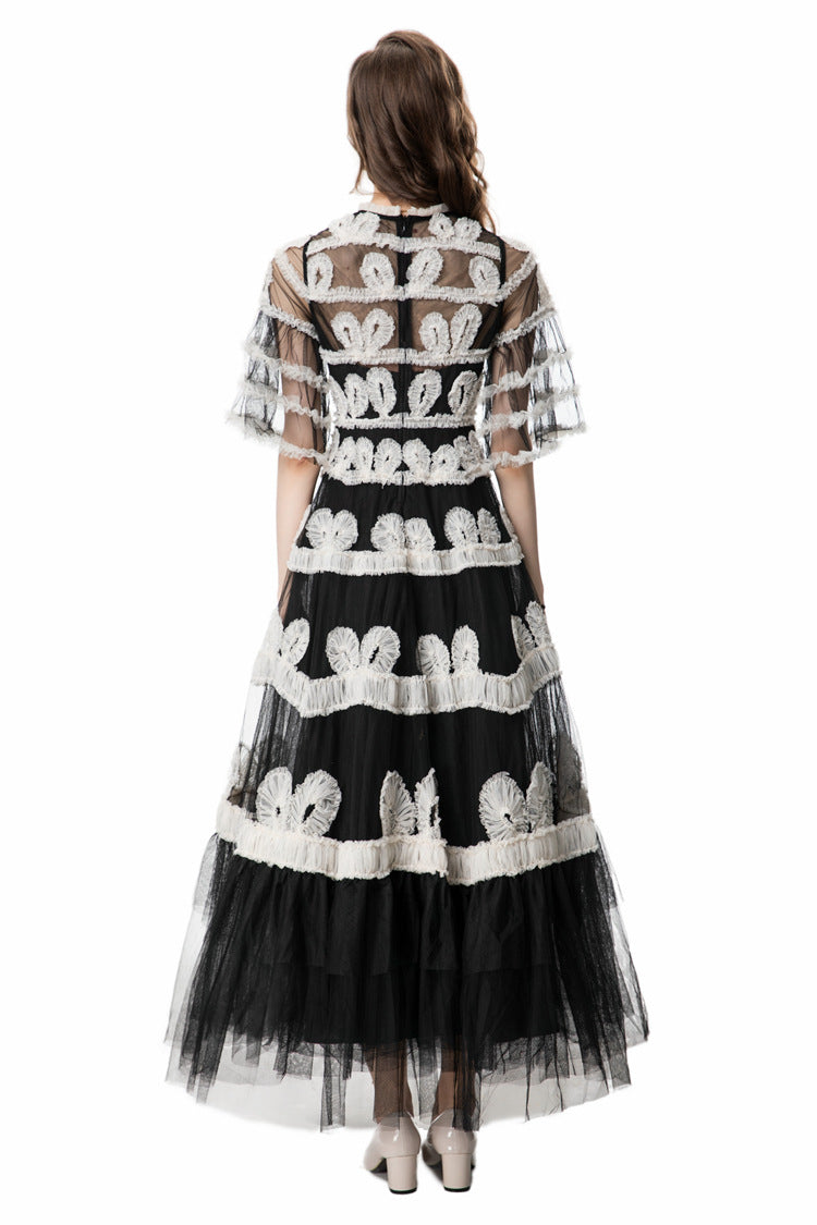 Black & White 3D Floral Embroidered Tiered Tulle Maxi Dress SP10028