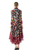 Ruffled Neck Plaid Print Tiered Tulle Maxi Dress SP10091