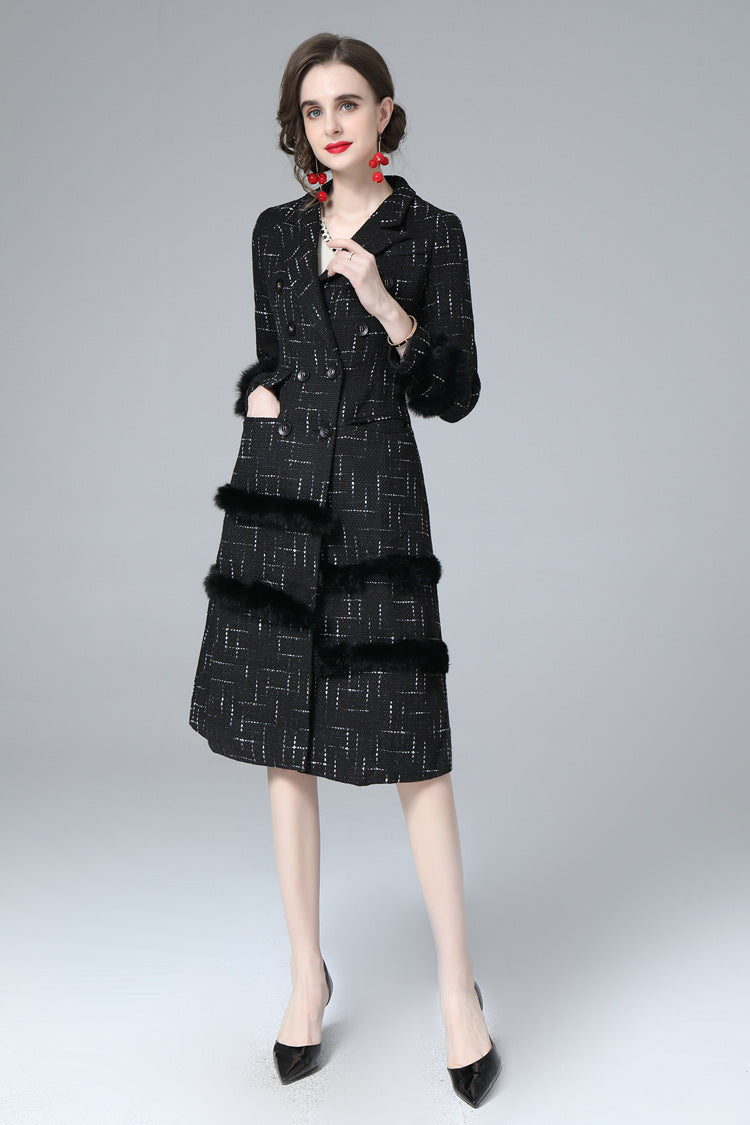 Black Tweed Faux Fur Trim Double Breasted Midi Coat – Luxury Winter Overcoat SP10034