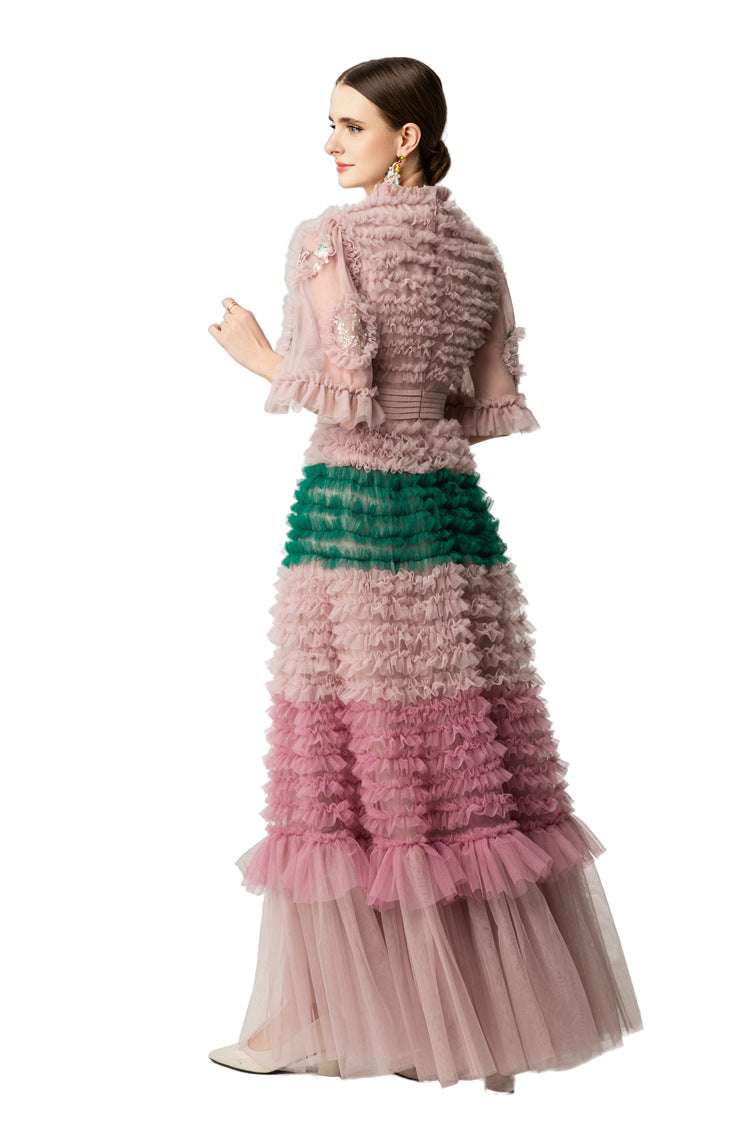 Pink Green Floral Embroidery Tiered Tulle Maxi Dress SP10049