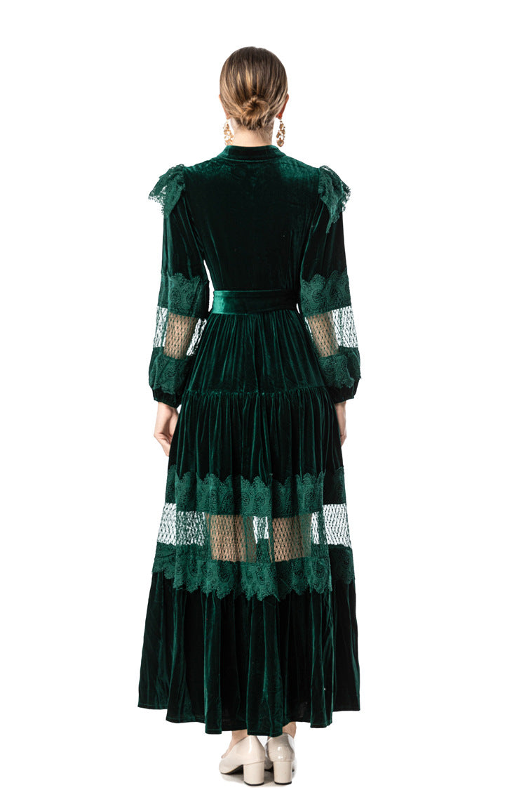 Women's Vintage Court Style Velvet Maxi Dress, Ruffle Lace Hollow Out Patchwork Long Sleeve Pearl Button Formal Evening Gown SP10103