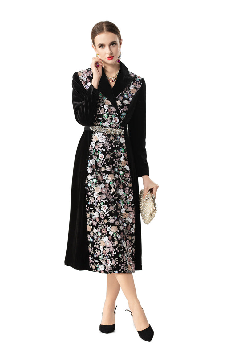 Velvet Floral Embroidered Notched Collar Midi Dress SP10069