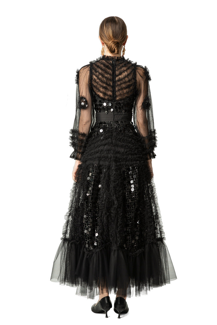 Black Sequin Ruffled Tiered Tulle Maxi Dress SP10062