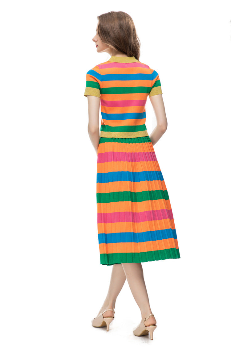 Rainbow Striped Knit Polo Top & Pleated Skirt Set SP10012