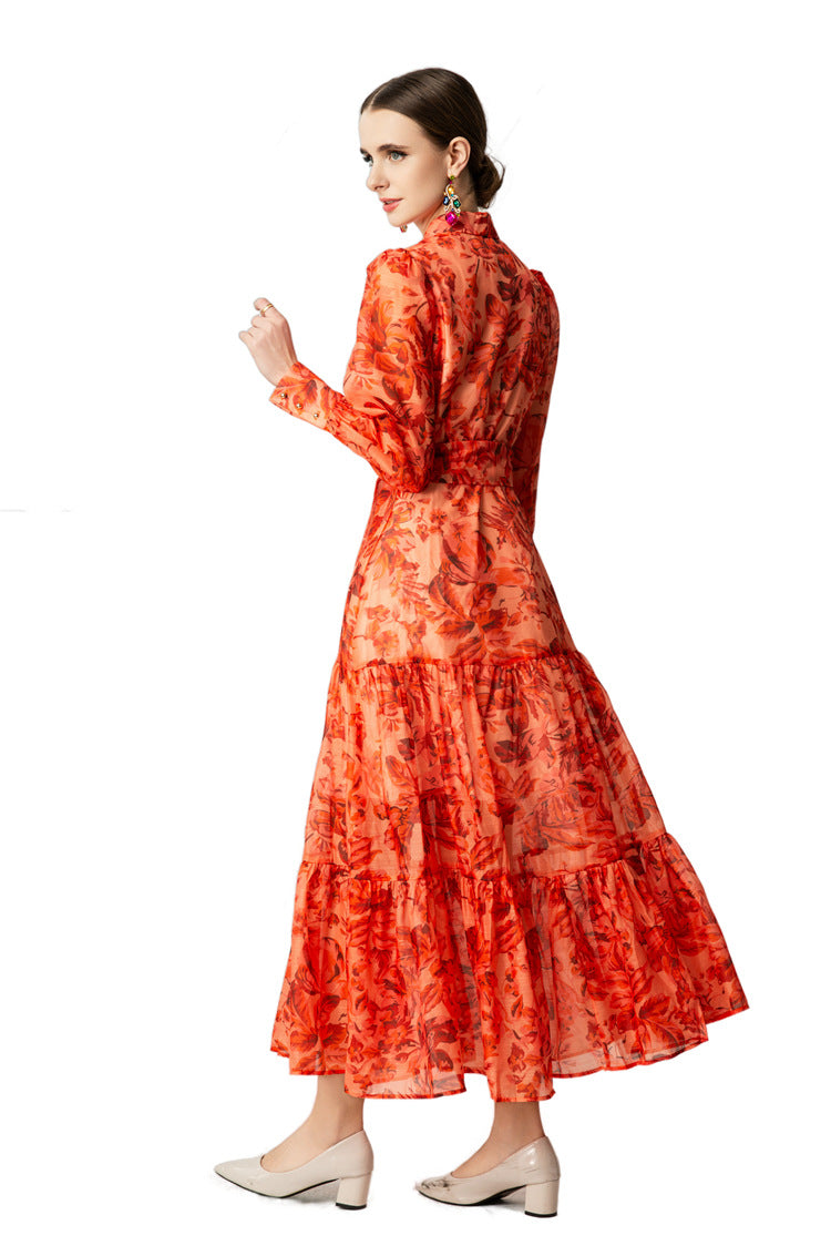Orange Floral Print Collared Tiered Ruffle Maxi Dress SP10047