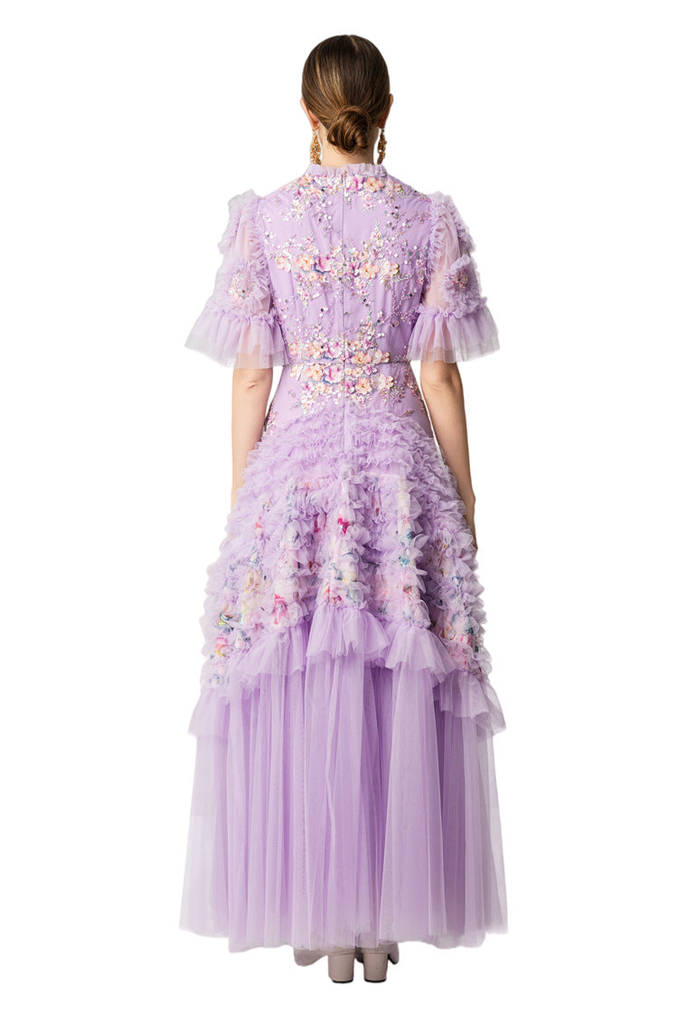 Lavender Floral Embroidery Sequin Tiered Tulle Maxi Dress SP10046