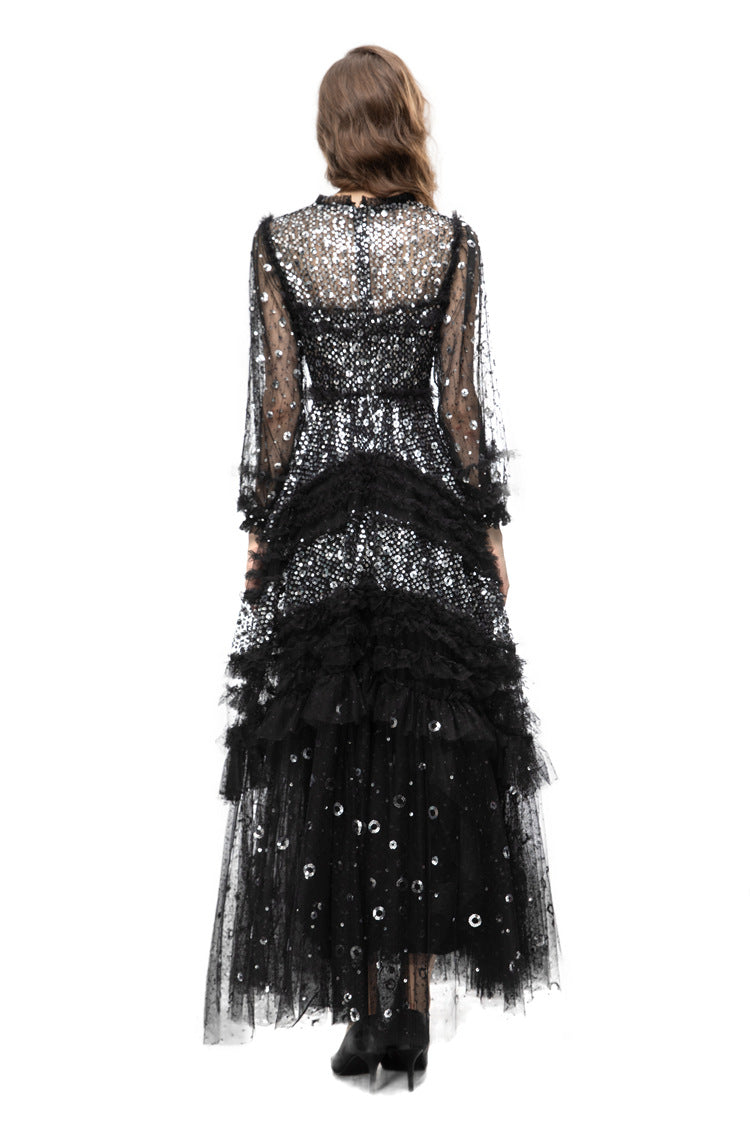 Black Sequin Beaded Tiered Tulle Maxi Evening Gown SP10031