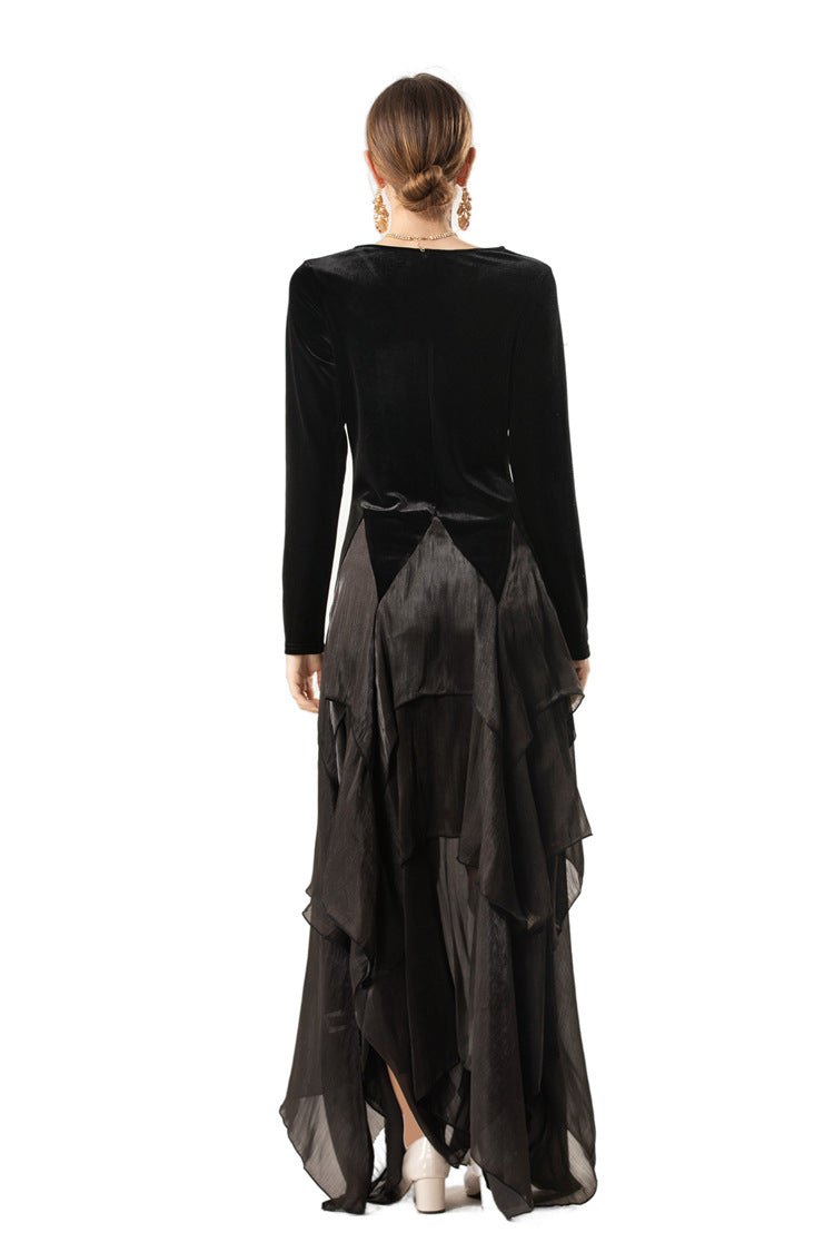 Velvet Satin Asymmetrical Tiered Maxi Dress with Floral Brooch SP10081