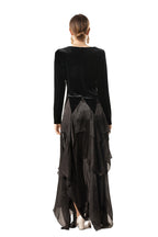 Velvet Satin Asymmetrical Tiered Maxi Dress with Floral Brooch SP10081