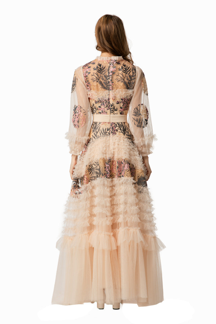 Nude Floral Embroidered Tiered Tulle Maxi Dress SP10008