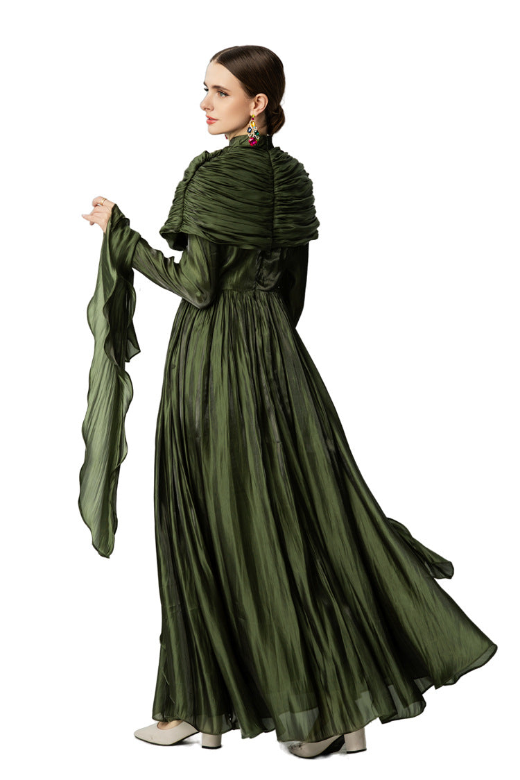 Olive Green Satin Draped Shawl Maxi Dress SP10053