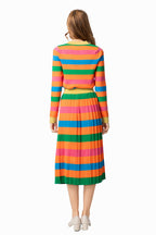 Rainbow Striped Knit Polo Top & Pleated Skirt Set SP10007