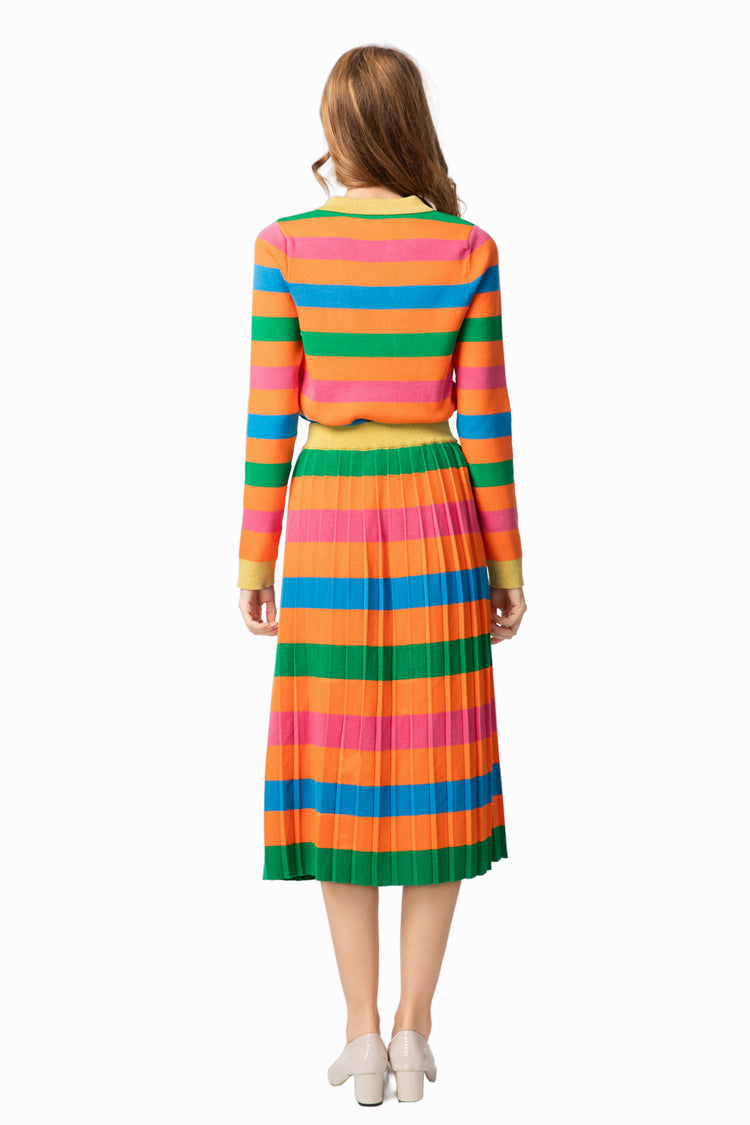 Rainbow Striped Knit Polo Top & Pleated Skirt Set SP10007