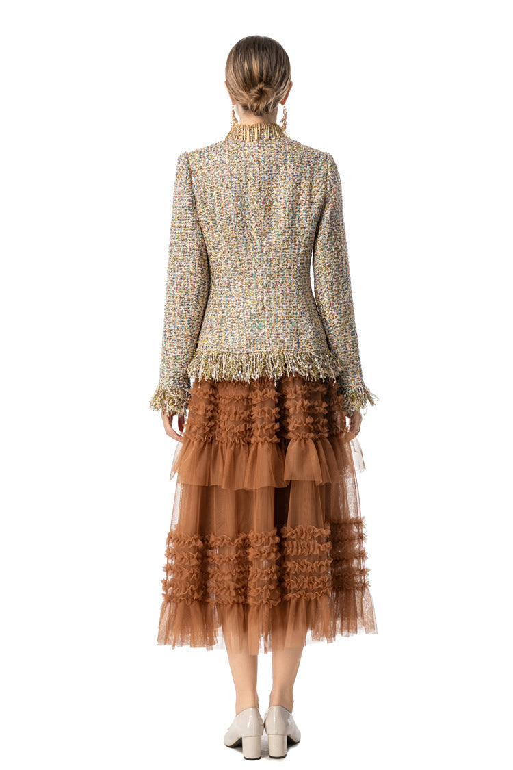 Women's Tweed 2-Piece Set, Gold Fringe Trim Tweed Jacket + Brown Tiered Tulle Maxi Skirt SP10107