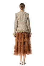 Women's Tweed 2-Piece Set, Gold Fringe Trim Tweed Jacket + Brown Tiered Tulle Maxi Skirt SP10107
