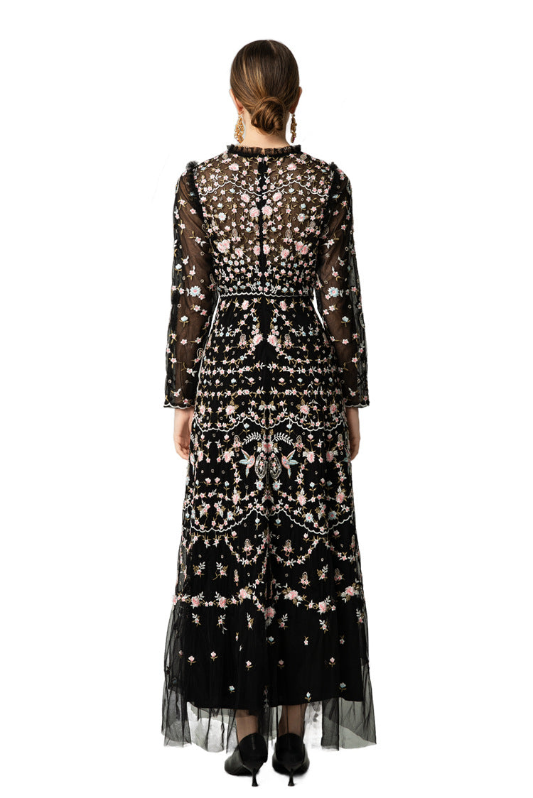 Black Floral Bird Embroidered Ruffled Neck Tulle Maxi Dress SP10036