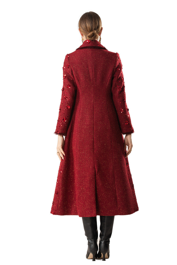 Red Sequin Double Breasted Maxi Coat – Luxury Winter Overcoat SP10017