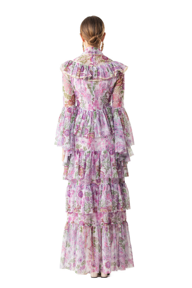 Ruffled High Neck Floral Tiered Cake Maxi Dress SP10075