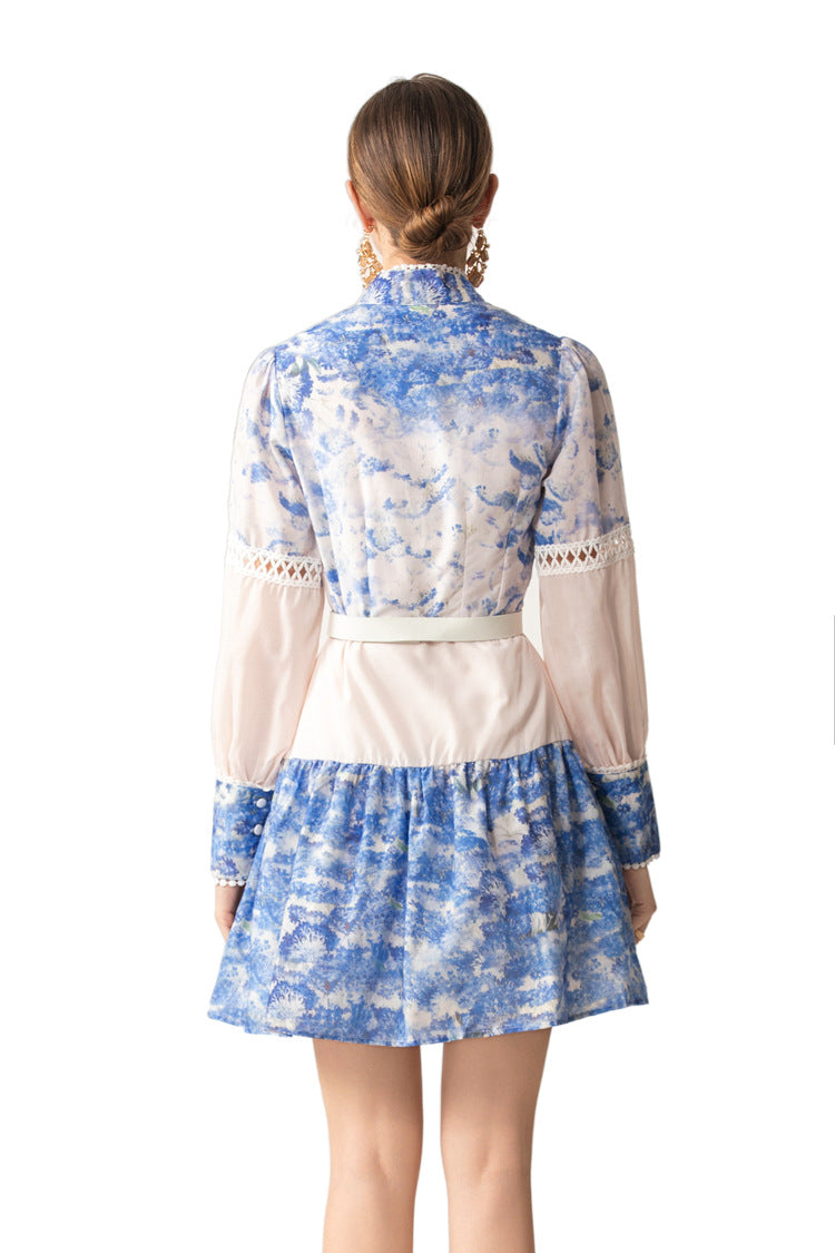 Blue White Porcelain Print Lace Cutout Shirt Dress with Belt SP10065