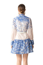 Blue White Porcelain Print Lace Cutout Shirt Dress with Belt SP10065