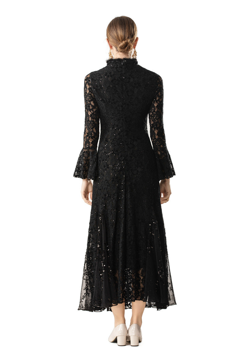Furry Collar Sequin Lace Mermaid Maxi Dress SP10073