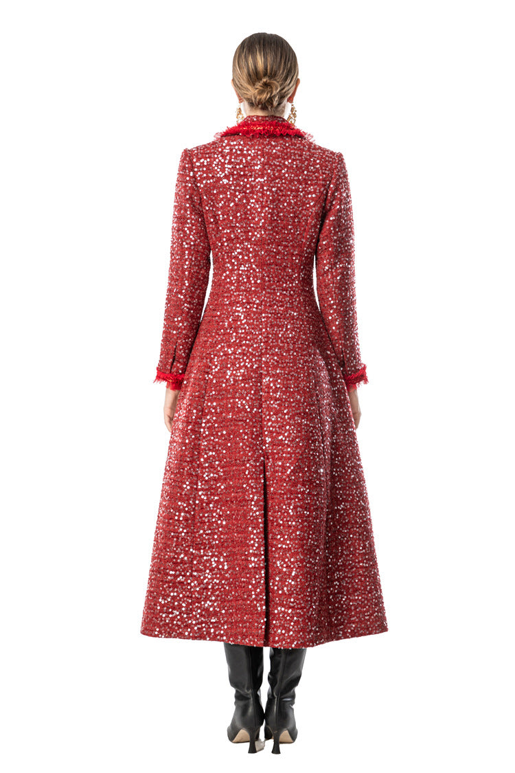 Red Sequin Fringe Trim Double-Breasted Maxi Coat SP10093