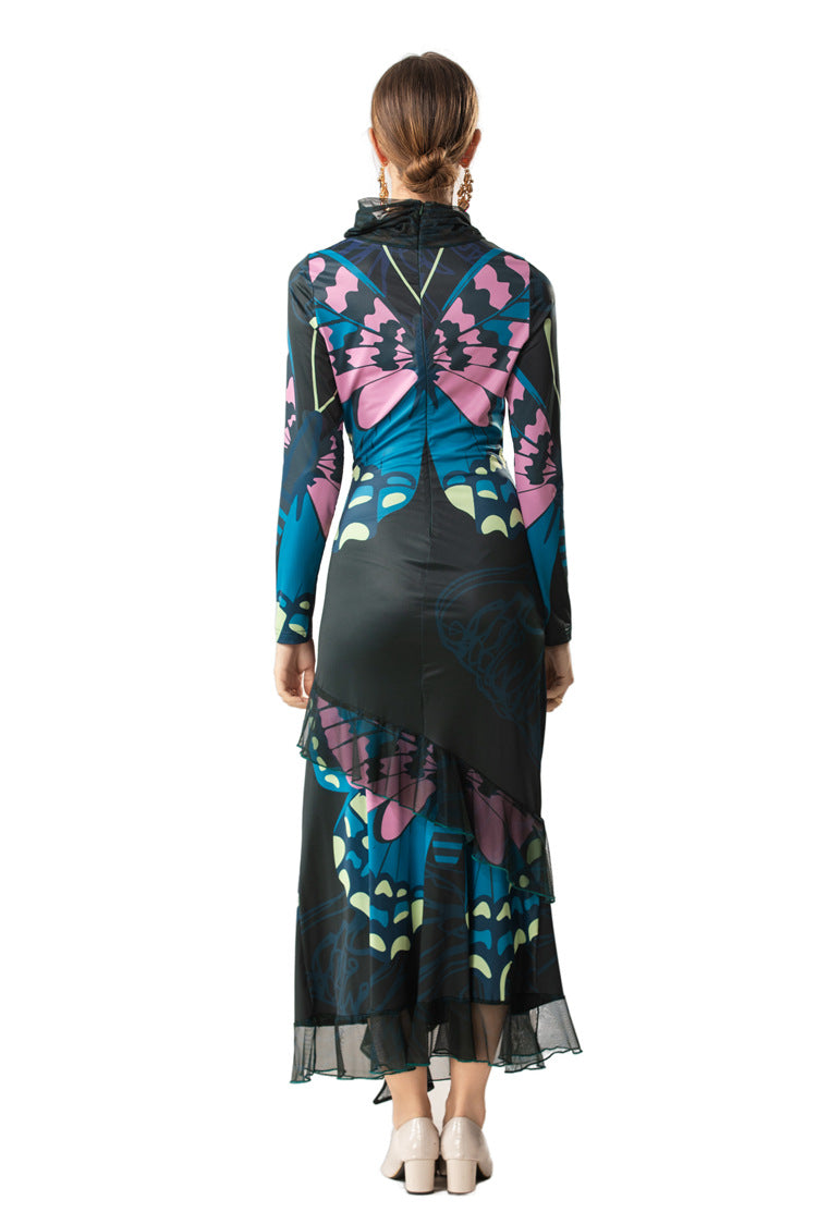 High Neck Butterfly Print Layered Tulle Midi Dress SP10080